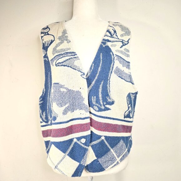 Vintage 70s Maxson Tapestri Oatmeal White Blue Woman Golf Tapestry Vest - Picture 1 of 7